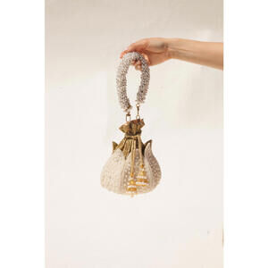 Ramla Neyla White Pearl Lotus Beaded Bridal Evening Bag